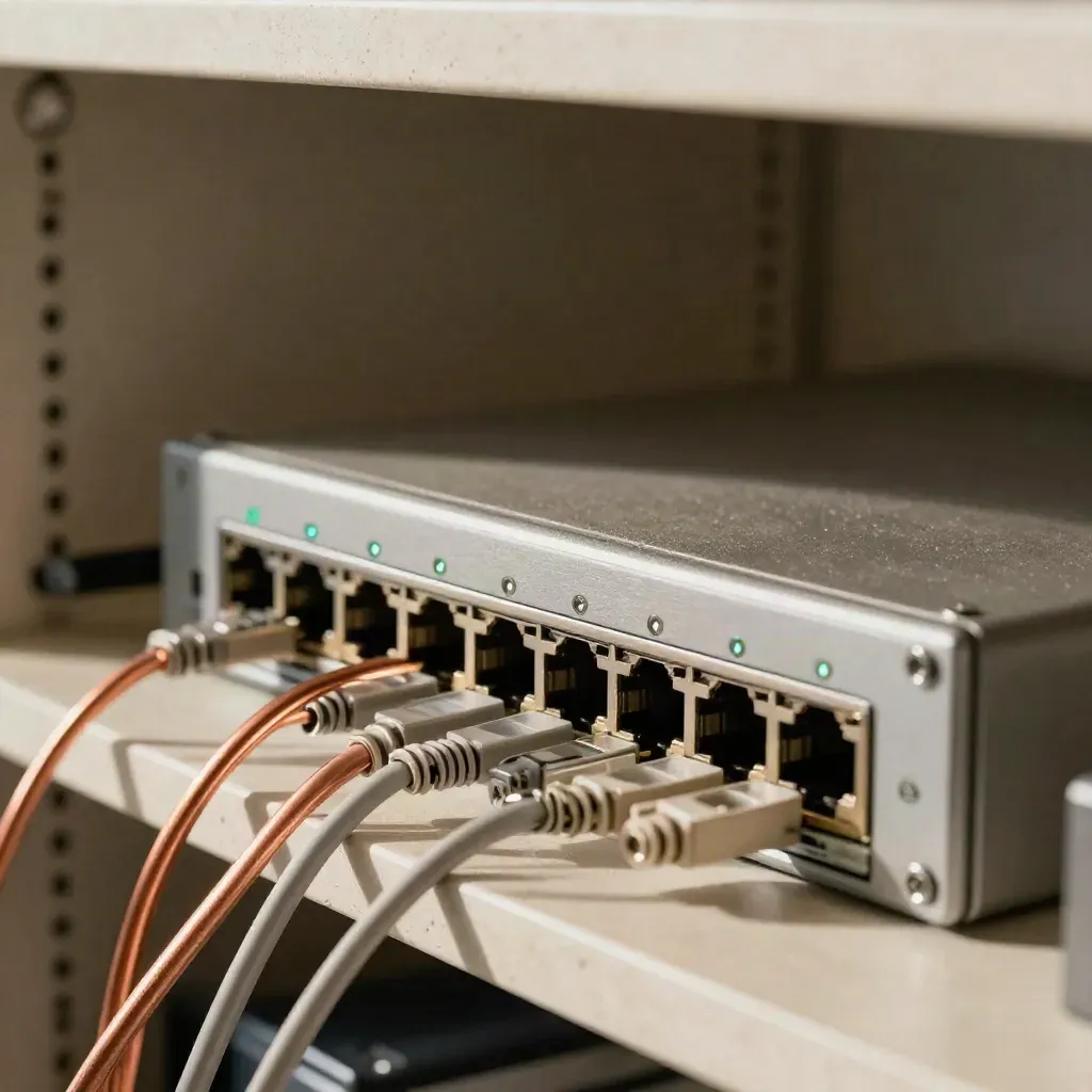 Macro of SIP gateway ports with copper and fiber leads and sequenced status lights