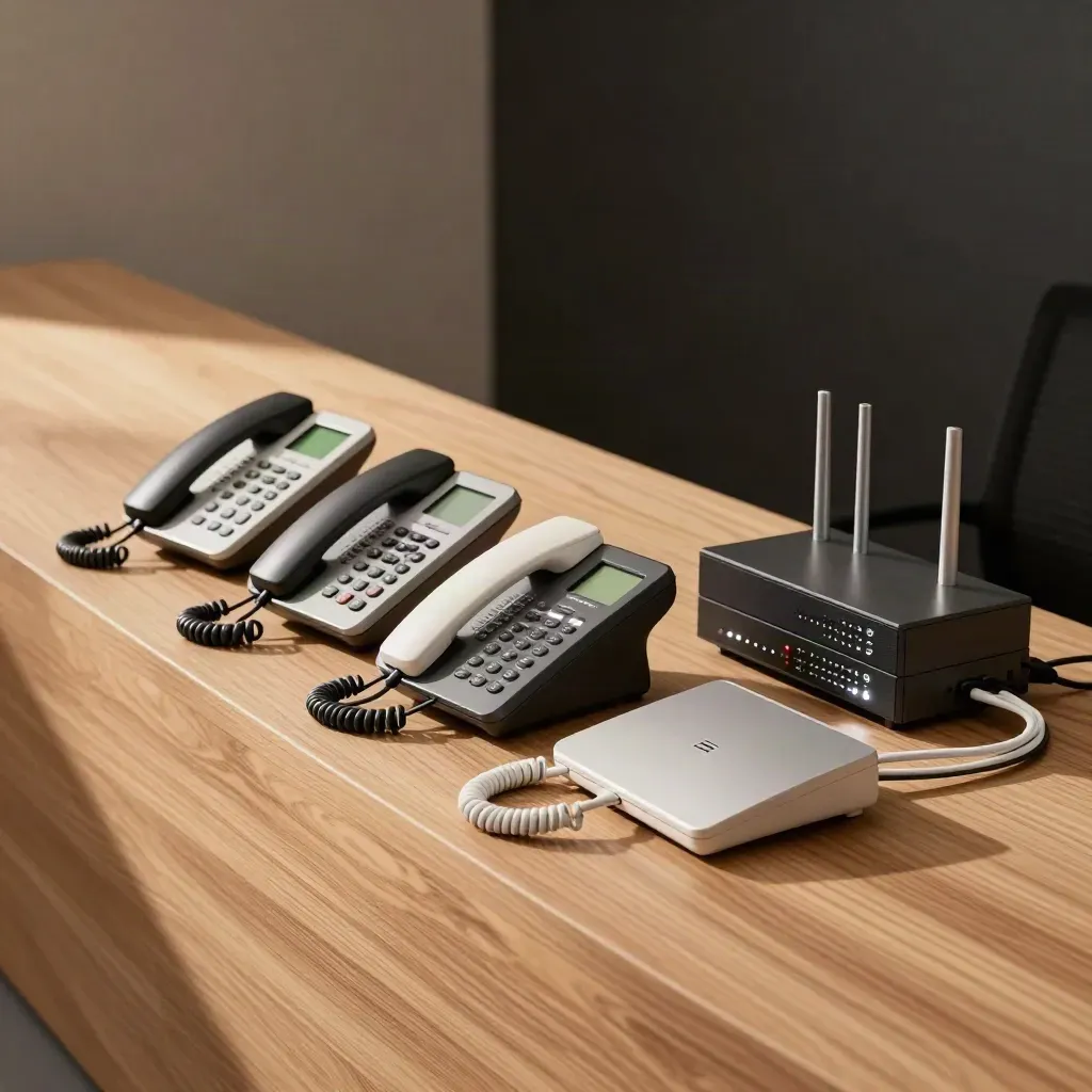 Three desk phones and a router on a warm office reception counter with soft daylight.