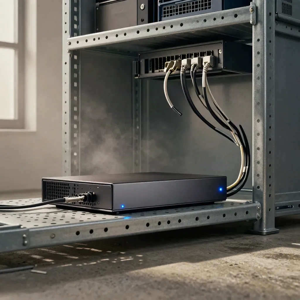 Law office comms closet with a SIP gateway and tidy cable run in moody blue light