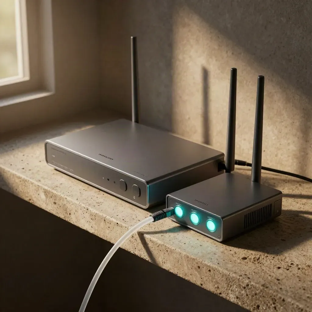 Overhead view of a modem, router, fiber ONT and access point glowing together on a concrete shelf.