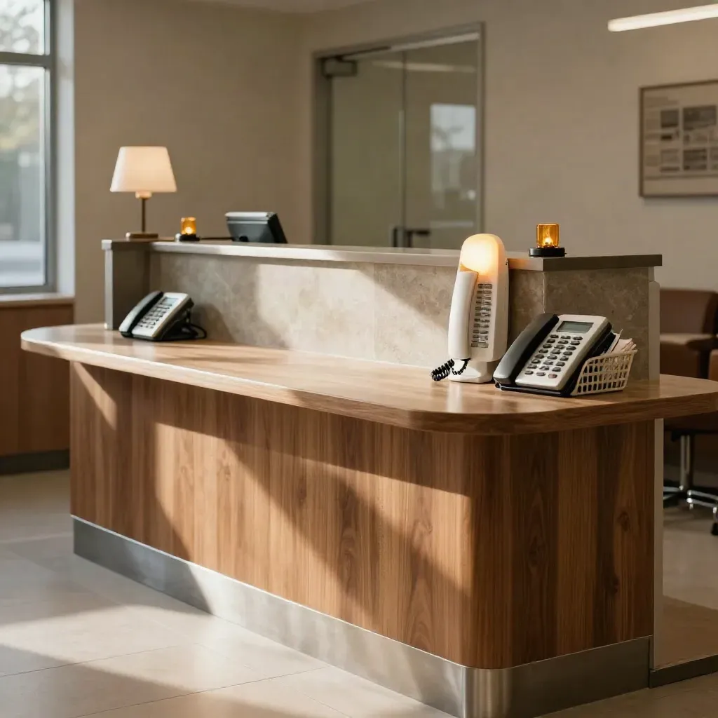 Empty clinic reception with glowing ring phones, router, and intake basket in warm late-afternoon light.