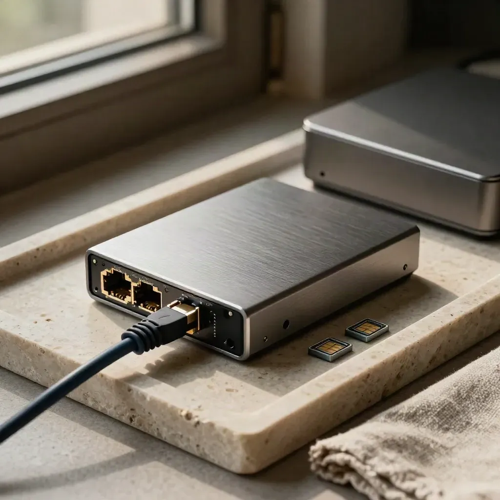 SIM adapters and a gateway beside a closed case on a stone tray